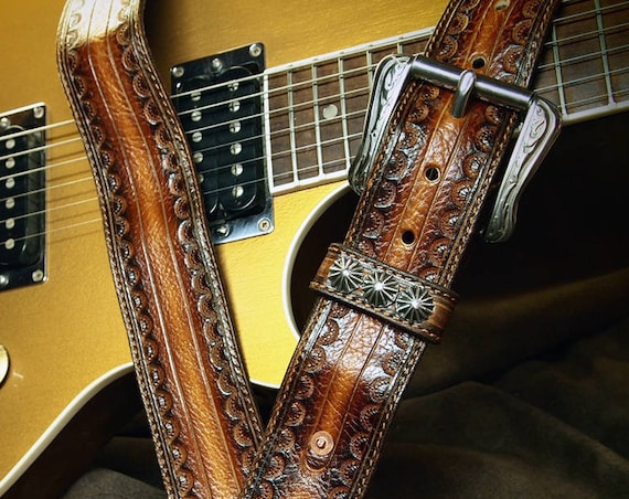 Brown Leather Guitar Strap : Tobacco Sunburst Soft and suede lined Cowboy Rockstar Vintage Style. Handmade in USA by Freddie Matara!