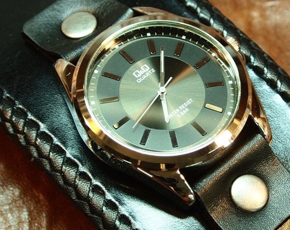 Black Leather cuff watch : Vintage style wide watchband with Braided lace edgework! Hand made in New York!