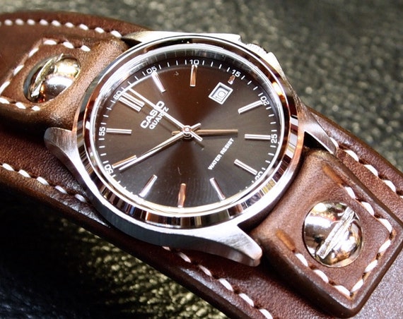 Brown Leather cuff Watch : Retro style bridle leather. Handstitched watch band with Casio watch custom made for YOU in New York!