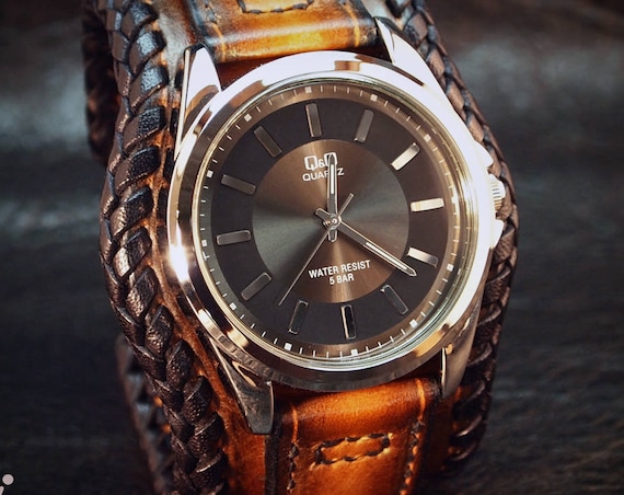 Leather cuff watch : Brown Tobacco sunburst with laced edge and hand stitching. Elegant Bund style! Made in New York