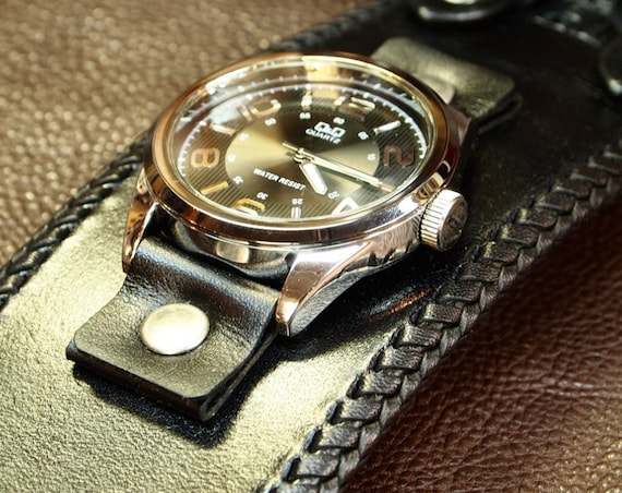 Black Leather cuff watch : Vintage style wide Bracelet. Best quality Kangaroo lace braided edge! Hand made in New York