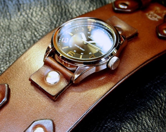 Brown Leather cuff watch : Vintage style leather cuff watchband. Best handmade quality. Made in New York!