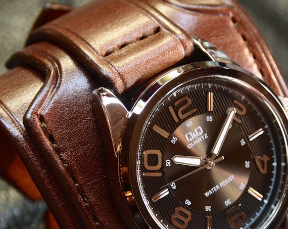 Brown Leather cuff watch : Vintage style wide and layered. Fine craftsmanship, Made in New York USA