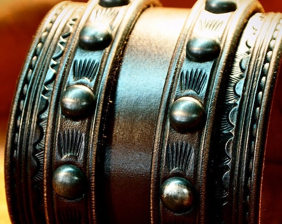 Brown Leather Wrist Cuff : Traditional American COWBOY Rockstar style Bracelet! Made in NY