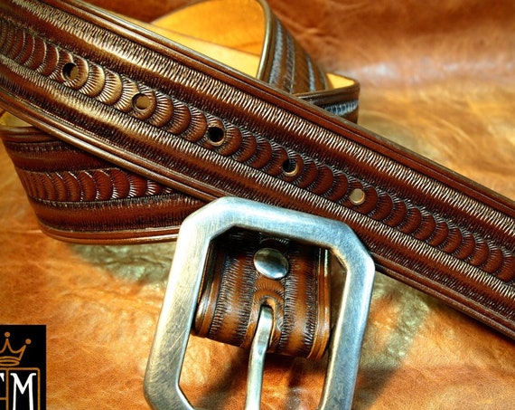 Brown Leather belt : Hand tooled and stamped with a Rich Walnut finish! Custom sized for You!