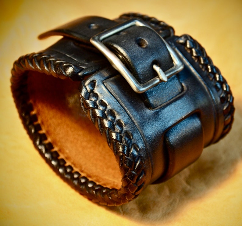 Black Leather Cuff Bracelet Hand Made in New York With Laced Etsy