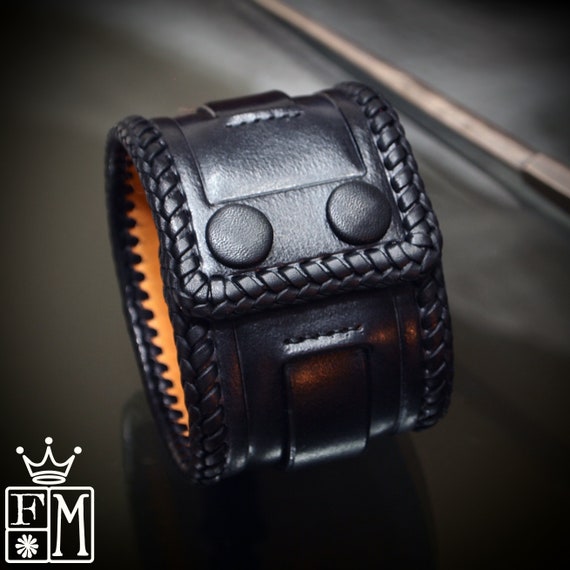 Black Leather Cuff bracelet: Tooled and laced with leather snaps! Hand made in New York!