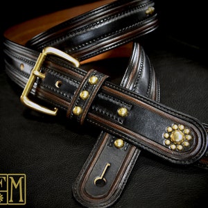 Black Leather Vintage Guitar strap : Hand tooled,  Vintage brass Studs Sophisticated Rockstar Style!  Handmade in New York