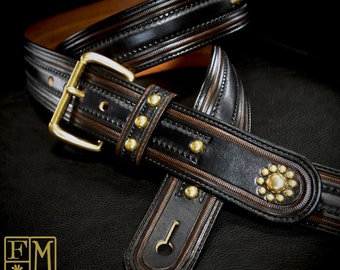 Black Leather Vintage Guitar strap : Hand tooled,  Vintage brass Studs Sophisticated Rockstar Style!  Handmade in New York