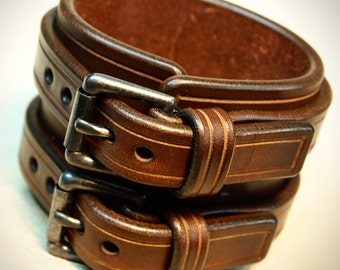 Leather cuff Bracelet Brown bridle leather Double strapped and scribed Detailing Custom made in NY for YOU by Freddie Matara!