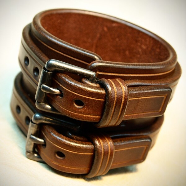 Leather cuff Bracelet Brown bridle leather Double strapped and scribed Detailing Custom made in NY for YOU by Freddie Matara!