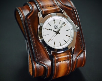 Leder Manschetten Uhr: Tobacco Sunburst, weißes Ziffernblatt, Handgenäht