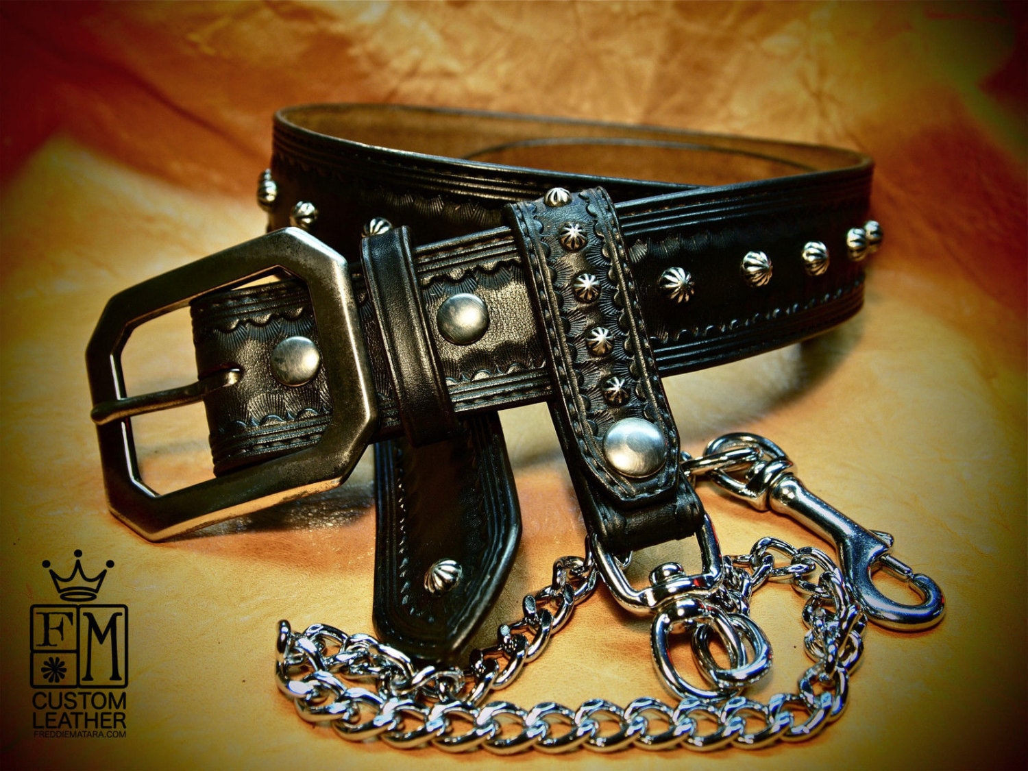 Black Leather studded Belt and Wallet chain : Hand Tooled Vintage style!  Custom made in NewYork!