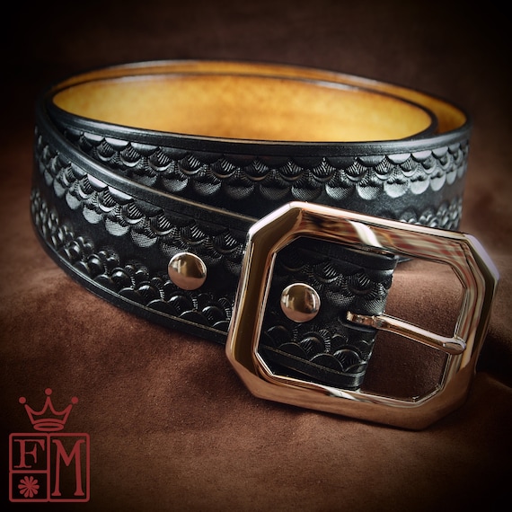 Black Leather Belt : Custom Hand Tooling with unique Stamping pattern. Fine Vegetable tanned Leather!