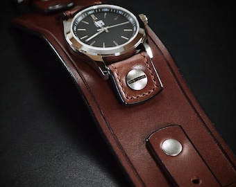 Brown Leather cuff Watch : Vintage Brown bridle leather wristband/watchband. Mens gift ; Made in New York!