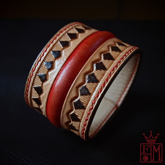 Western design leather cuff : Native Western style Natural vegetable-tanned leather. Handmade in New York!