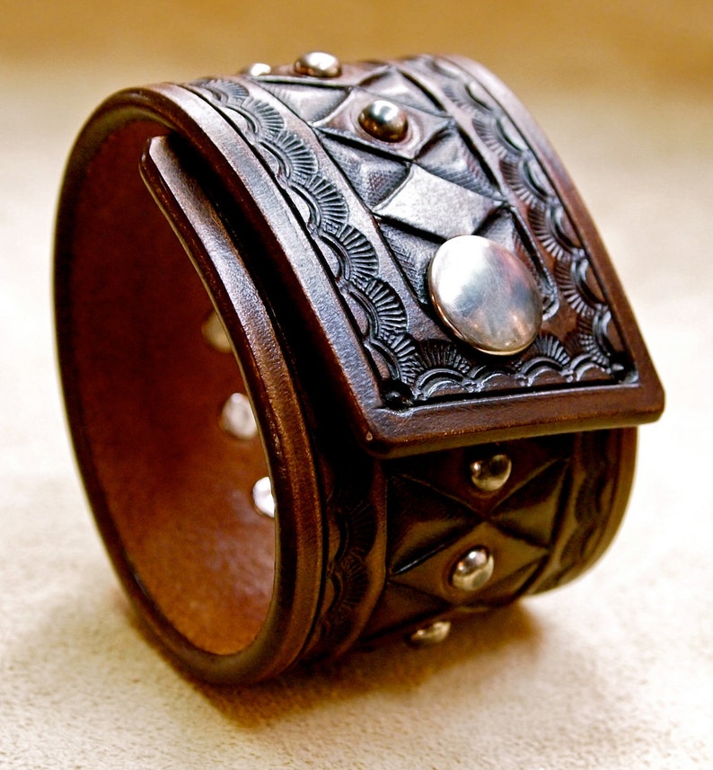 Handcrafted in USA! Vintage style Hand tooled with studs Leather cuff bracelet Brown American Cowboy King