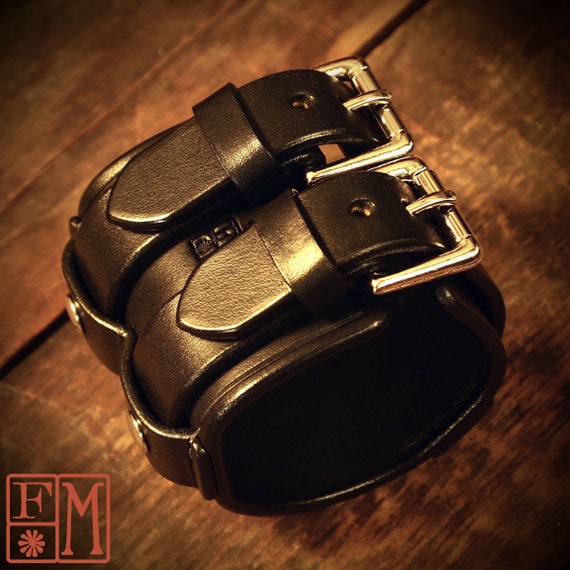 Leather cuff Bracelet- Black leather wristband 2.5" wide Custom made for YOU in New York by Freddie Matara