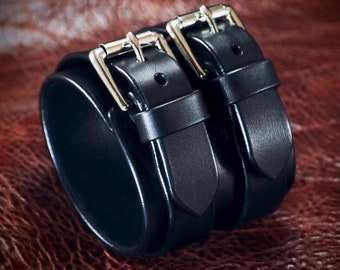 Black Leather cuff bracelet : Double strap rich black bridle Leather- made for YOU by Freddie Matara!