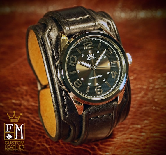 Leather cuff watch Slick Black vintage style 2" Wide layered wristband bracelet made in USA for YOU by Freddie Matara!