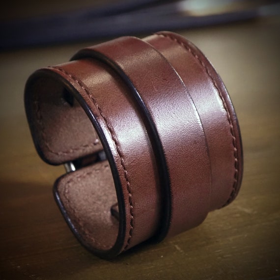 Brown Leather wristband with aged hardware : Handstitched wrist cuff bracelet custom made for YOU in New York!