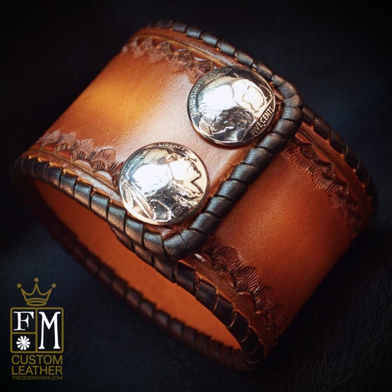 Leather cuff Bracelet 2" Brown sunburst Vintage style laced, hand tooled, Buffalo nickels - Quality Made for YOU in USA by Freddie Matara