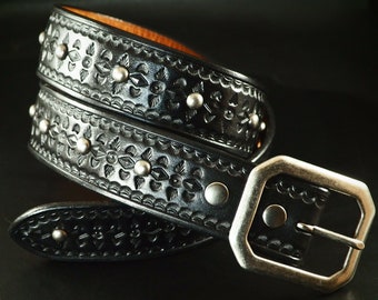Black Leather Studded Belt: Hand Tooled Vintage Style Modern  display picture 3