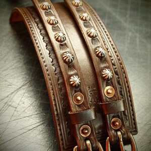 Brown Leather Wrist Cuff : Saddle BrownTraditional studded American Cowboy ROCKSTAR Bracelet. Made in New York image 3