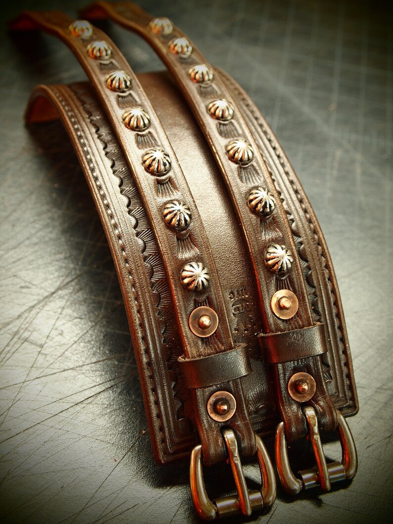 Brown Leather Wrist Cuff : Saddle BrownTraditional studded American Cowboy ROCKSTAR Bracelet. Made in New York image 3