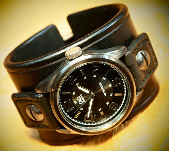 Leather cuff Watch Vintage Black bridle leather, wrist watch made for YOU in New York by Freddie Matara