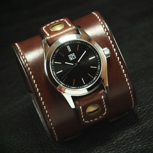 Brown Leather cuff Watch : double buckle Vintage style handstitched bridle leather Old school wrist watch! Hand made in New York!