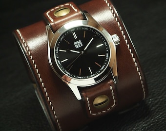Brown Leather cuff Watch : double buckle Vintage style handstitched bridle leather Old school wrist watch! Hand made in New York!