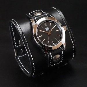 Black Leather cuff Watch :  Vintage style handstitched bridle leather Old school wrist watch! Hand made in New York USA
