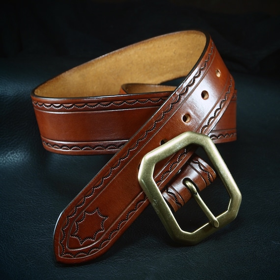 Light brown tooled and stamped leather belt! Made in New York USA