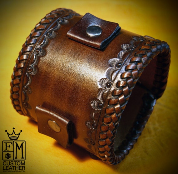 Leather cuff Bracelet Brown Vintage style braided edge, hand tooled, Fine quality Made for YOU in USA by Freddie Matara