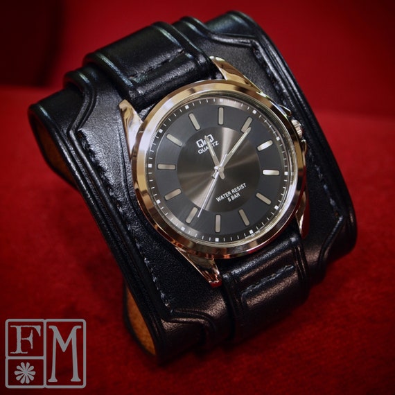 Black Leather cuff watch: Layered & wide, Slick vintage style!