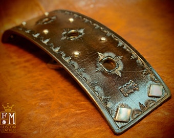 Hand Tooled Leather Cuff Bracelet: Brown Calfskin Lined, Diamond Snaps