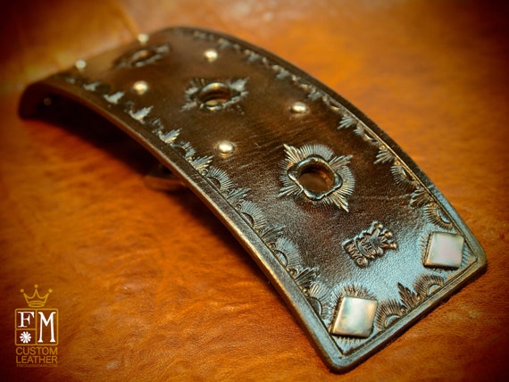 Leather cuff Bracelet Brown : Hand Tooled calf lined with spots and diamond snaps Made for YOU in New York!
