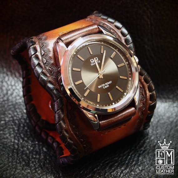 Leather Cuff Watch sunburst brown fade Traditional American ROCKSTAR Bracelet made for YOU in USA by Freddie Matara