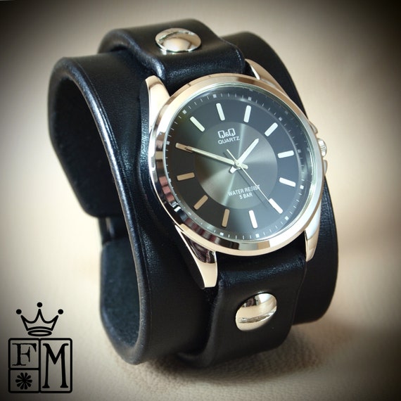 Black Leather cuff Watch : Vintage style bridle leather, Classic cuff style!