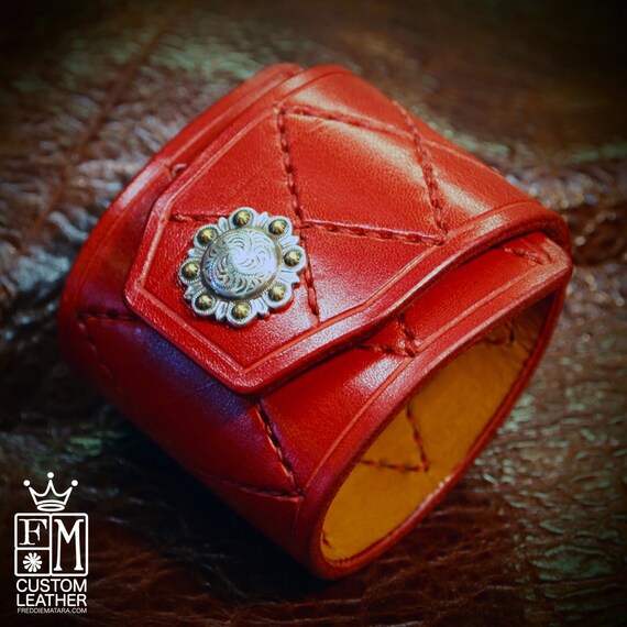 Leather Cuff Bracelet Red Custom Quilted Hand stitched Harlequin Diamond Luxury wristband handmade for You in USA by Freddie Matara!