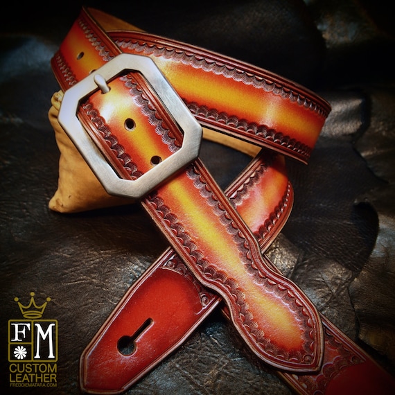 Red Leather guitar strap Cherry sunburst fade Hand tooled, Hand dyed Custom made for YOU in New York by Freddie Matara