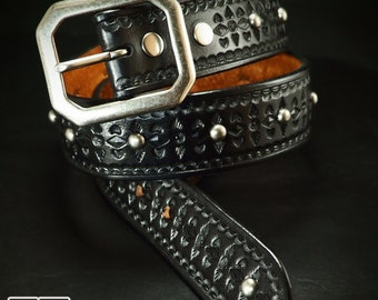 Black Leather Studded Belt: Hand Tooled Vintage Style Modern