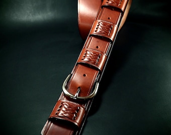 Handmade Cognac Bridle Leather Guitar Strap: Classic Rocker Style 5 keepers