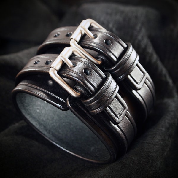 Black Leather cuff :  Luxurious Italian Bridle leather Double strap Bracelet wristband. Made in USA Using Refined techniques!