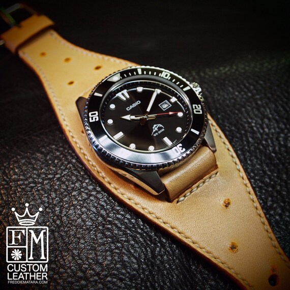 Leather Cuff Watch faux ostrich Casio diver Classic ROCKSTAR watch Bracelet made for YOU in USA by Freddie Matara