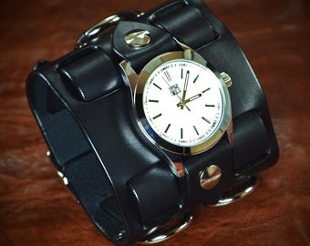 Black Leather cuff watch: Elvis 68 comeback special! Bright face, Wide, Slick vintage style!
