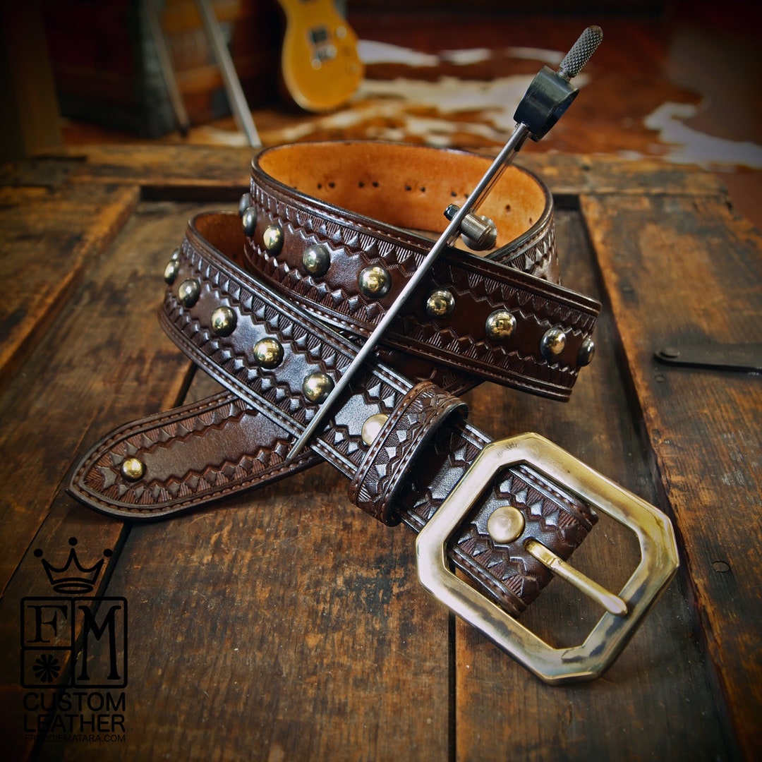 Brown Leather Studded Belt: Hand Tooled Vintage Style Modern Brown Leather Studded Belt: Hand Tooled Vintage Style Modern