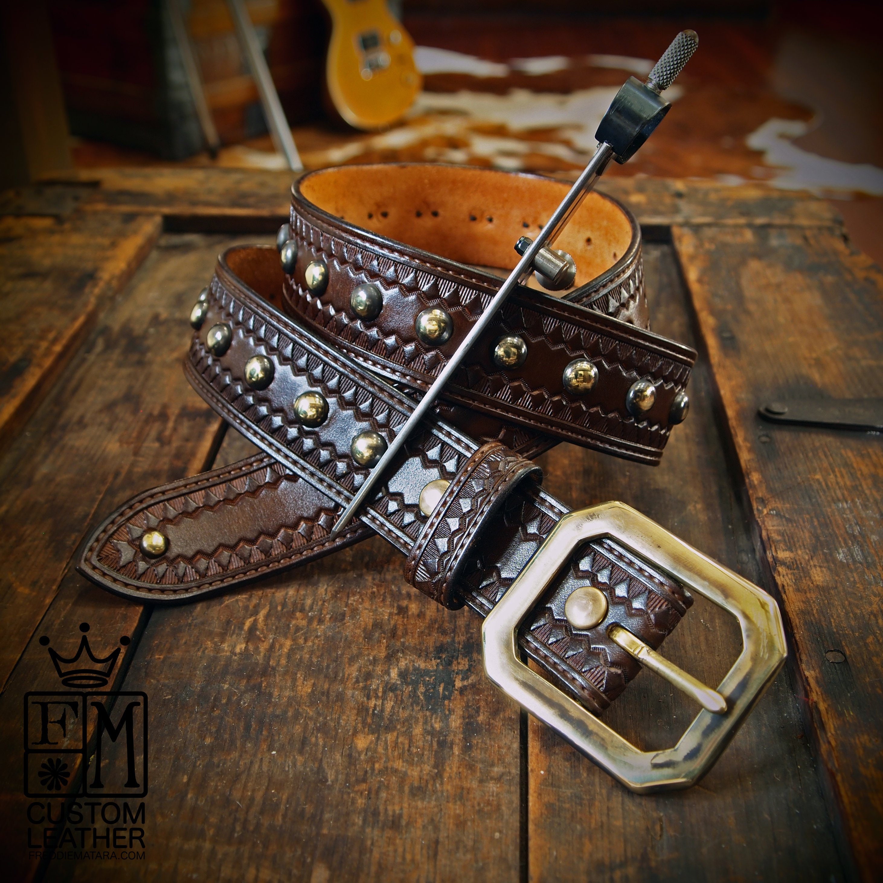 Black Leather studded Belt and Wallet chain : Hand Tooled Vintage style!  Custom made in NewYork!