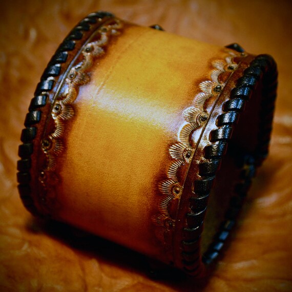 Leather Wristband cuff bracelet Custom Brown sunburst Hand stamped and Laced Made for YOU in USA by Freddie Matara